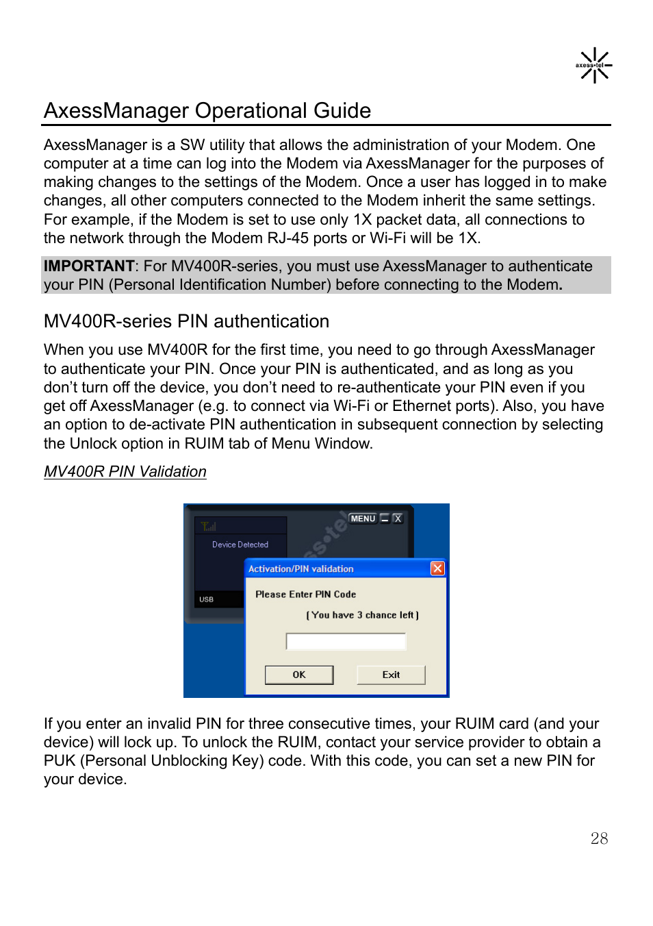 Axessmanager operational guide, Mv400r-series pin authentication | Axesstel MV400 User Manual | Page 29 / 58