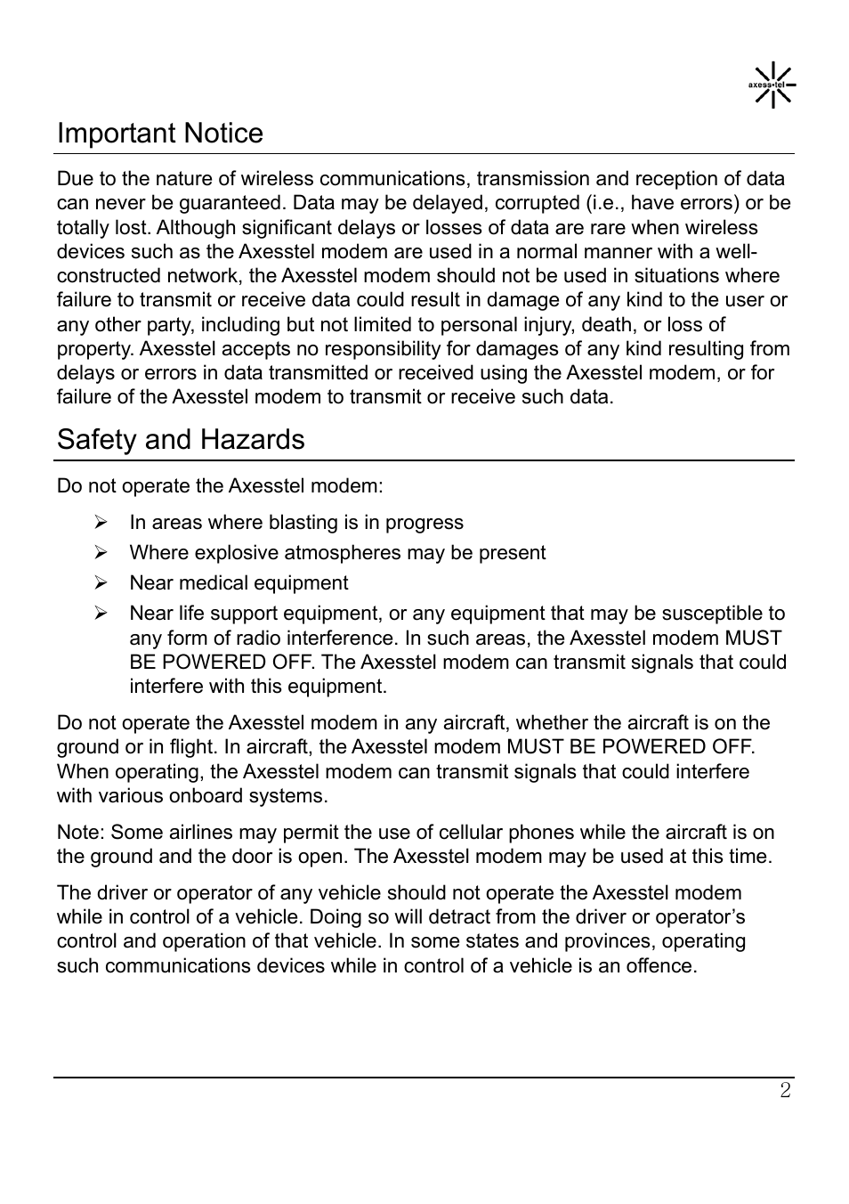 Important notice, Safety and hazards | Axesstel MV400 User Manual | Page 3 / 58