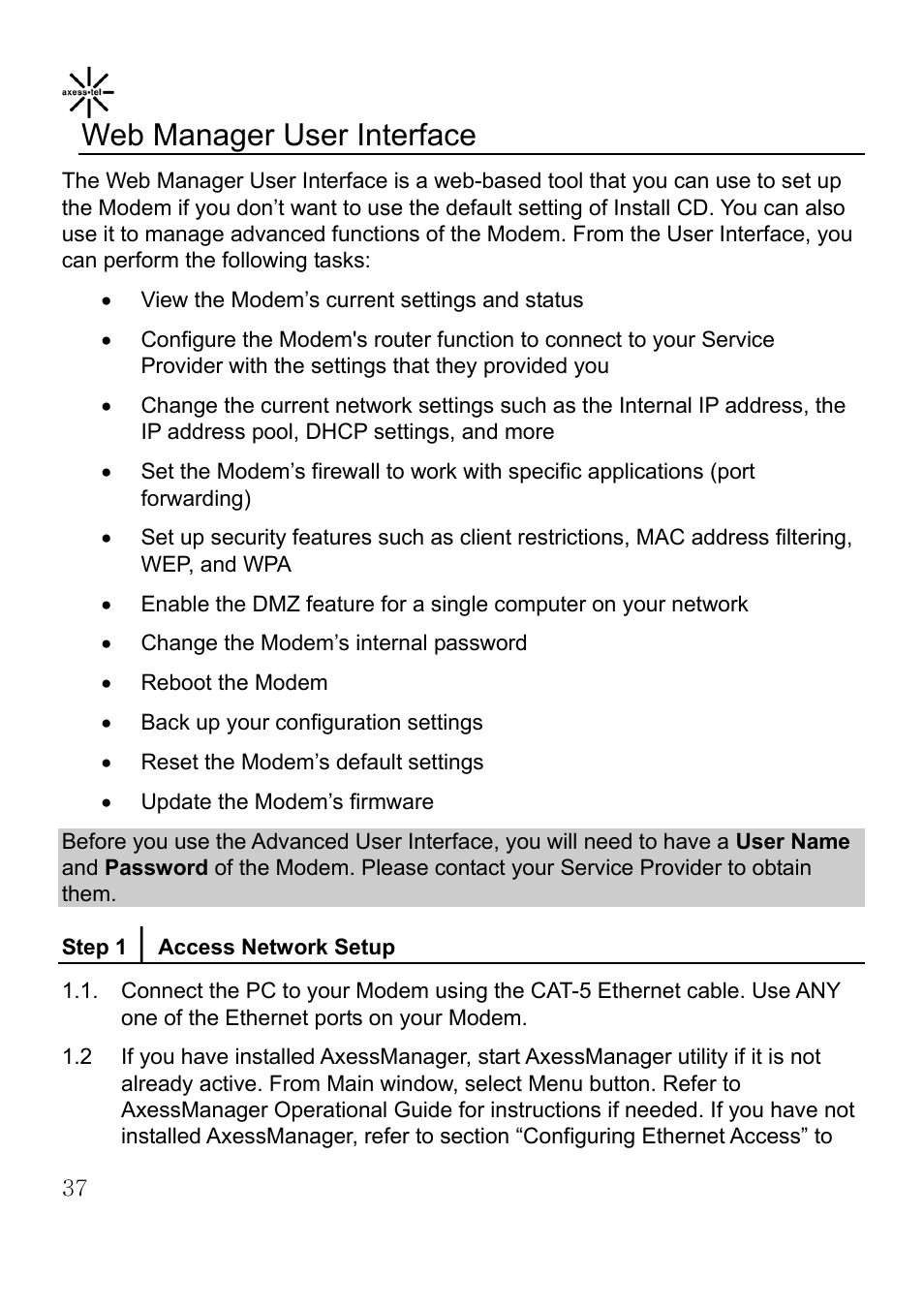Web manager user interface | Axesstel MV400 User Manual | Page 38 / 58