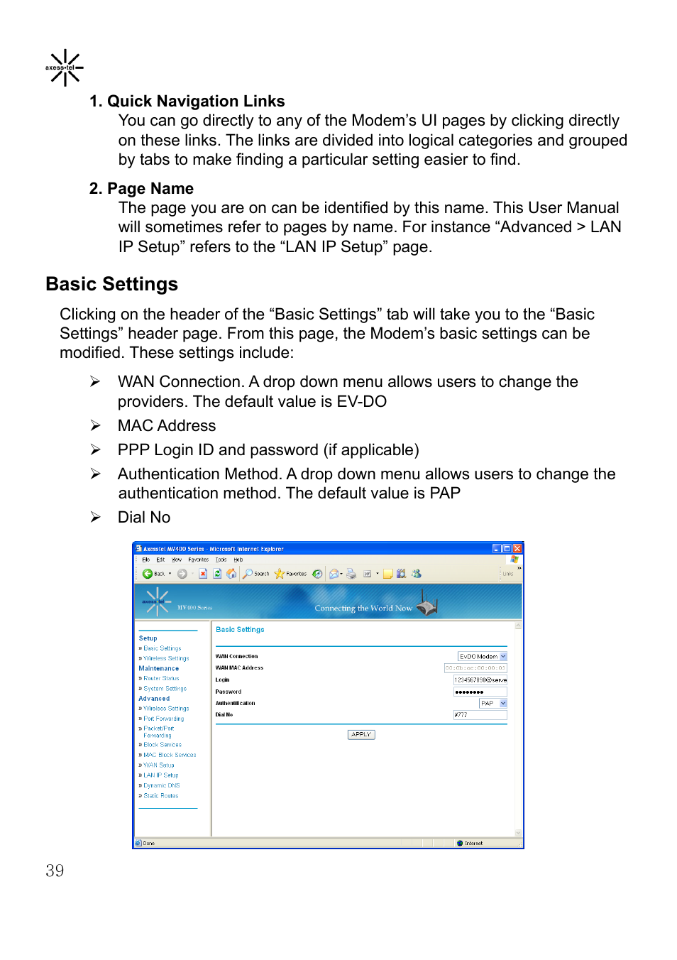 Basic settings | Axesstel MV400 User Manual | Page 40 / 58