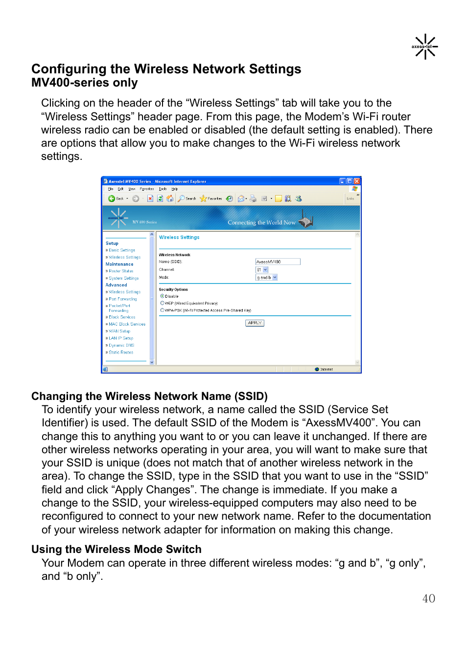 Configuring the wireless network settings | Axesstel MV400 User Manual | Page 41 / 58