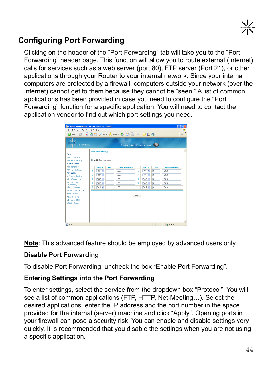 Configuring port forwarding | Axesstel MV400 User Manual | Page 45 / 58