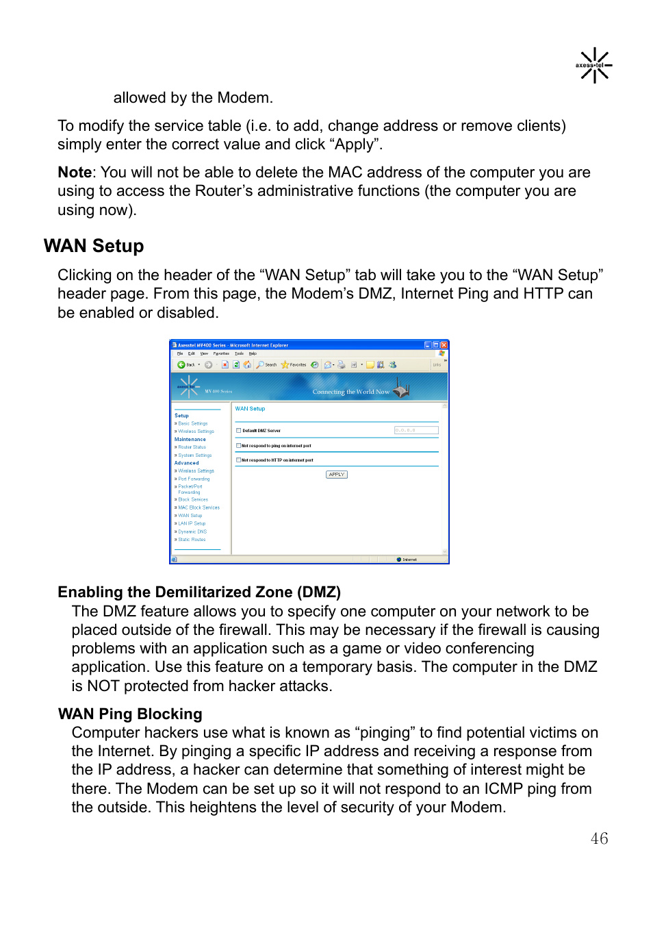 Wan setup | Axesstel MV400 User Manual | Page 47 / 58