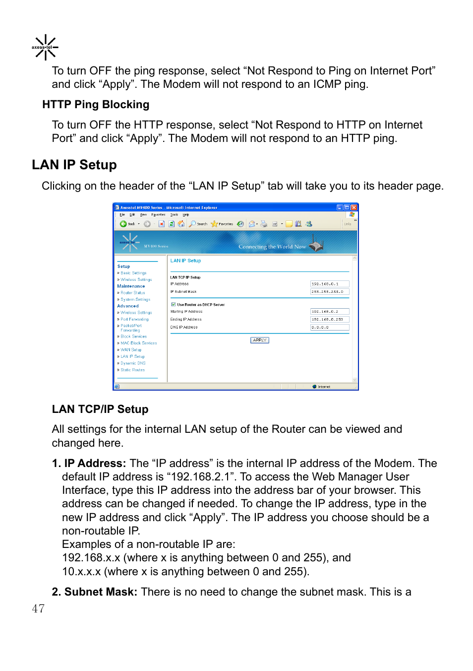 Lan ip setup | Axesstel MV400 User Manual | Page 48 / 58
