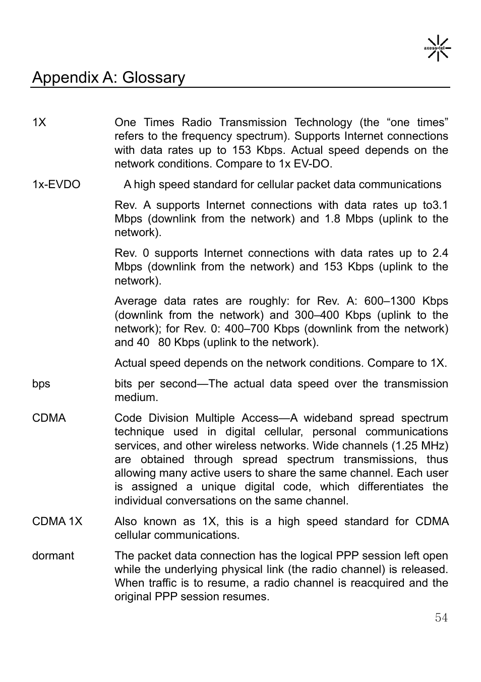 Appendix a: glossary | Axesstel MV400 User Manual | Page 55 / 58
