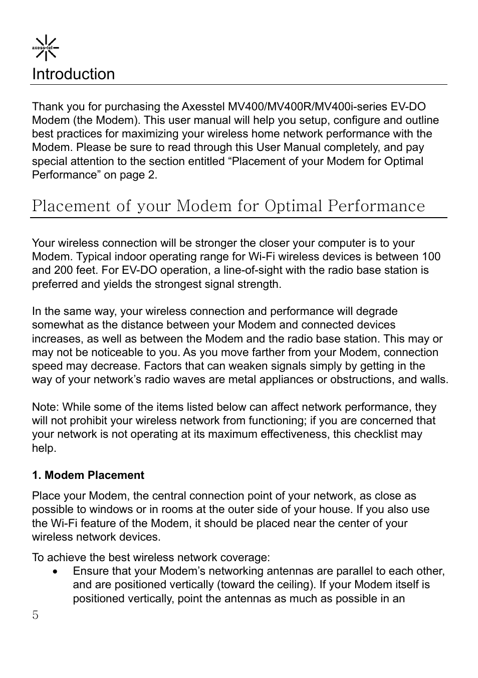 Introduction, Placement of your modem for optimal performance | Axesstel MV400 User Manual | Page 6 / 58