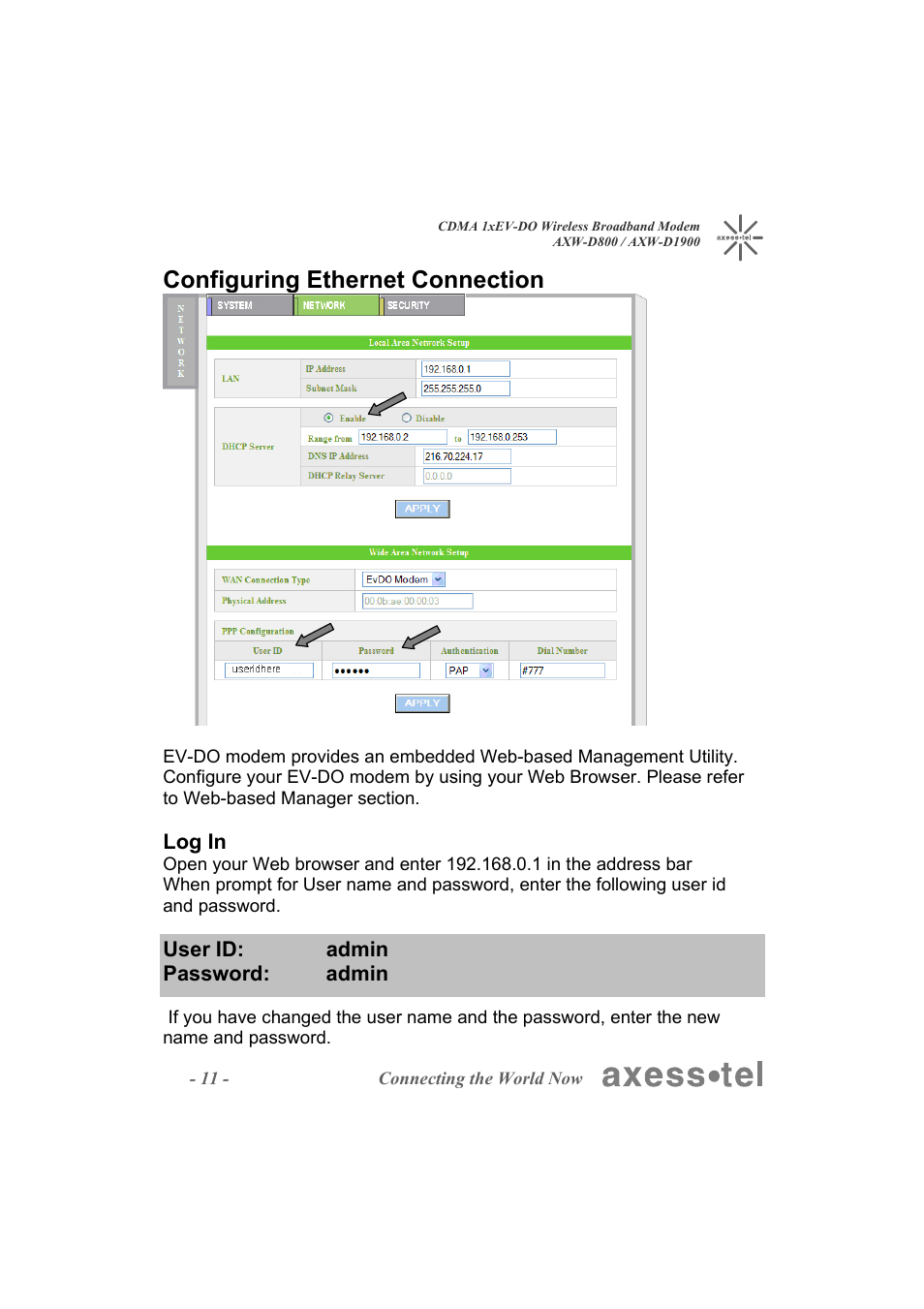 Configuring ethernet connection | Axesstel AXW-D1900 User Manual | Page 11 / 26