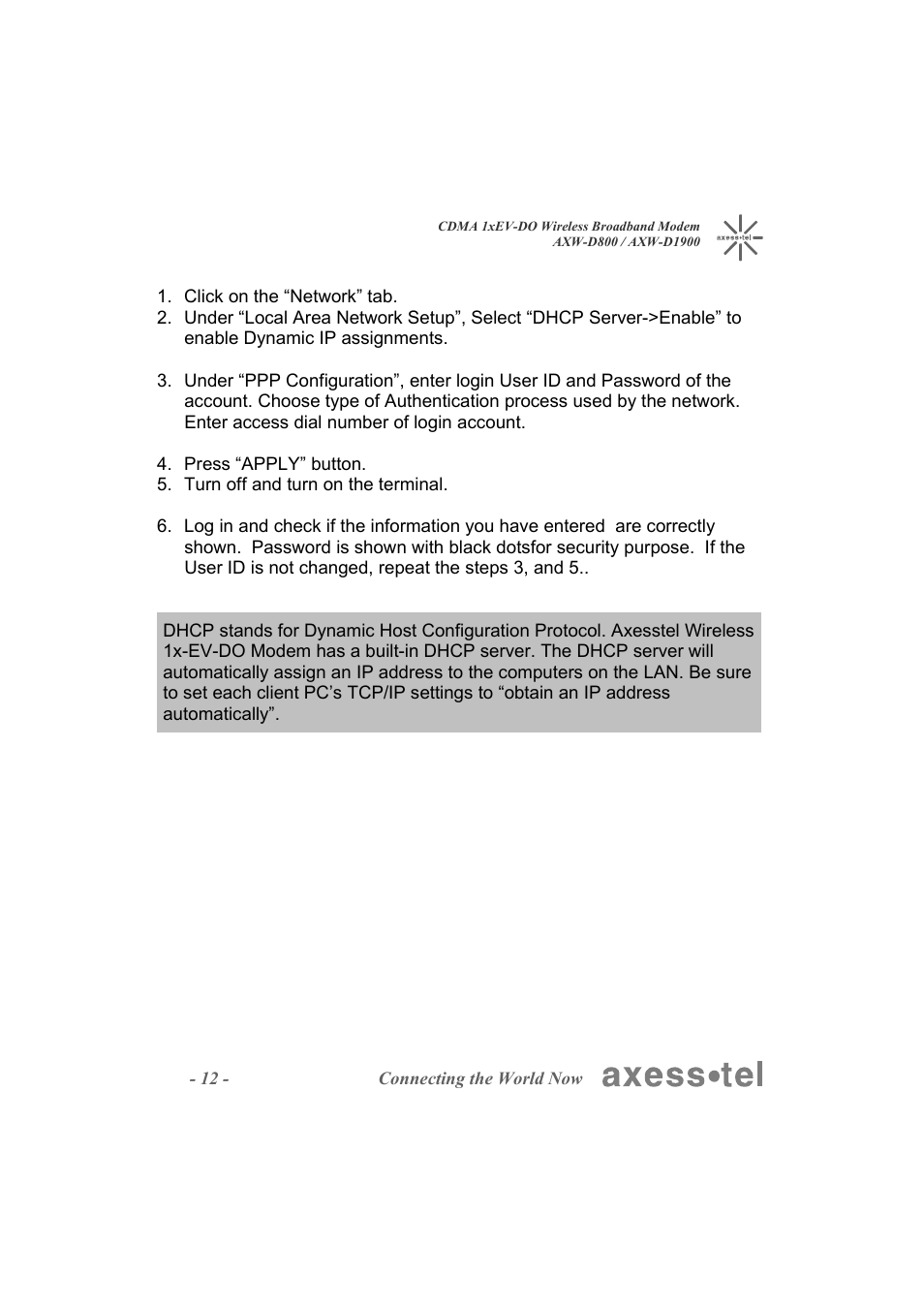 Axesstel AXW-D1900 User Manual | Page 12 / 26