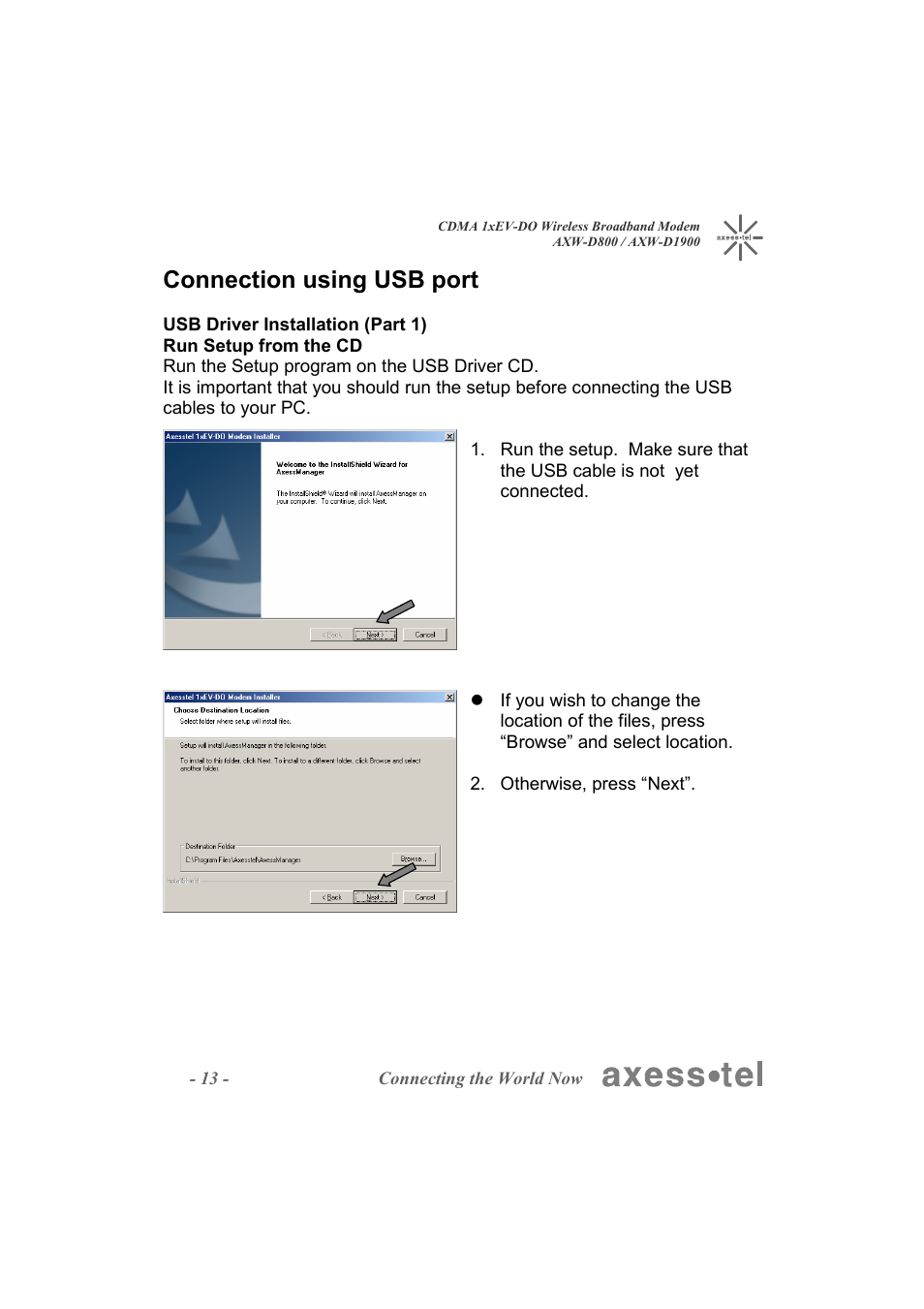 Connection using usb port | Axesstel AXW-D1900 User Manual | Page 13 / 26