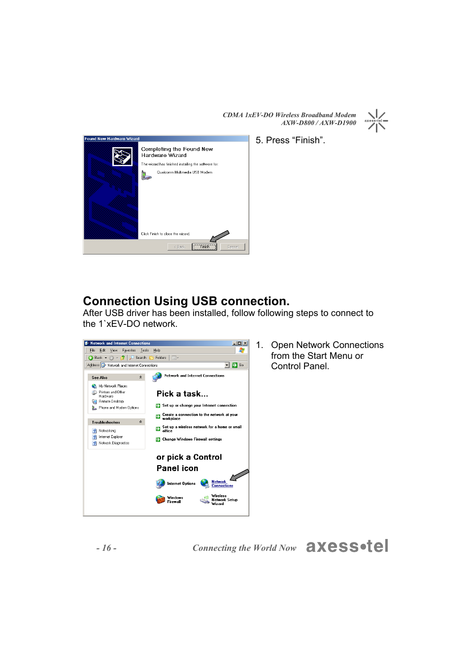 Connection using usb connection | Axesstel AXW-D1900 User Manual | Page 16 / 26