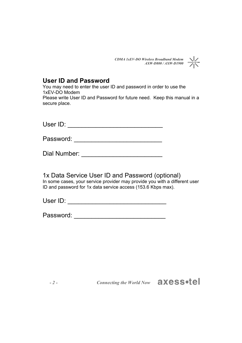 User id and password, User id: ____________________________ password | Axesstel AXW-D1900 User Manual | Page 2 / 26