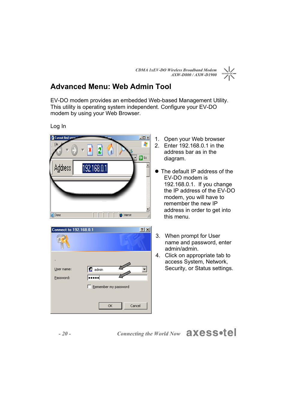 Advanced menu: web admin tool | Axesstel AXW-D1900 User Manual | Page 20 / 26