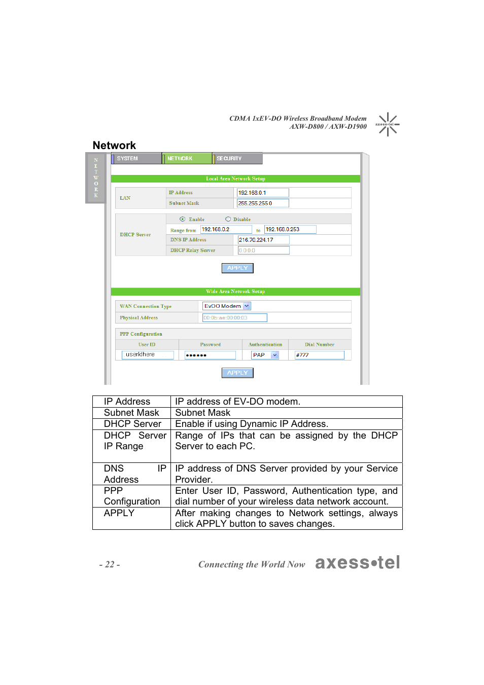Axesstel AXW-D1900 User Manual | Page 22 / 26