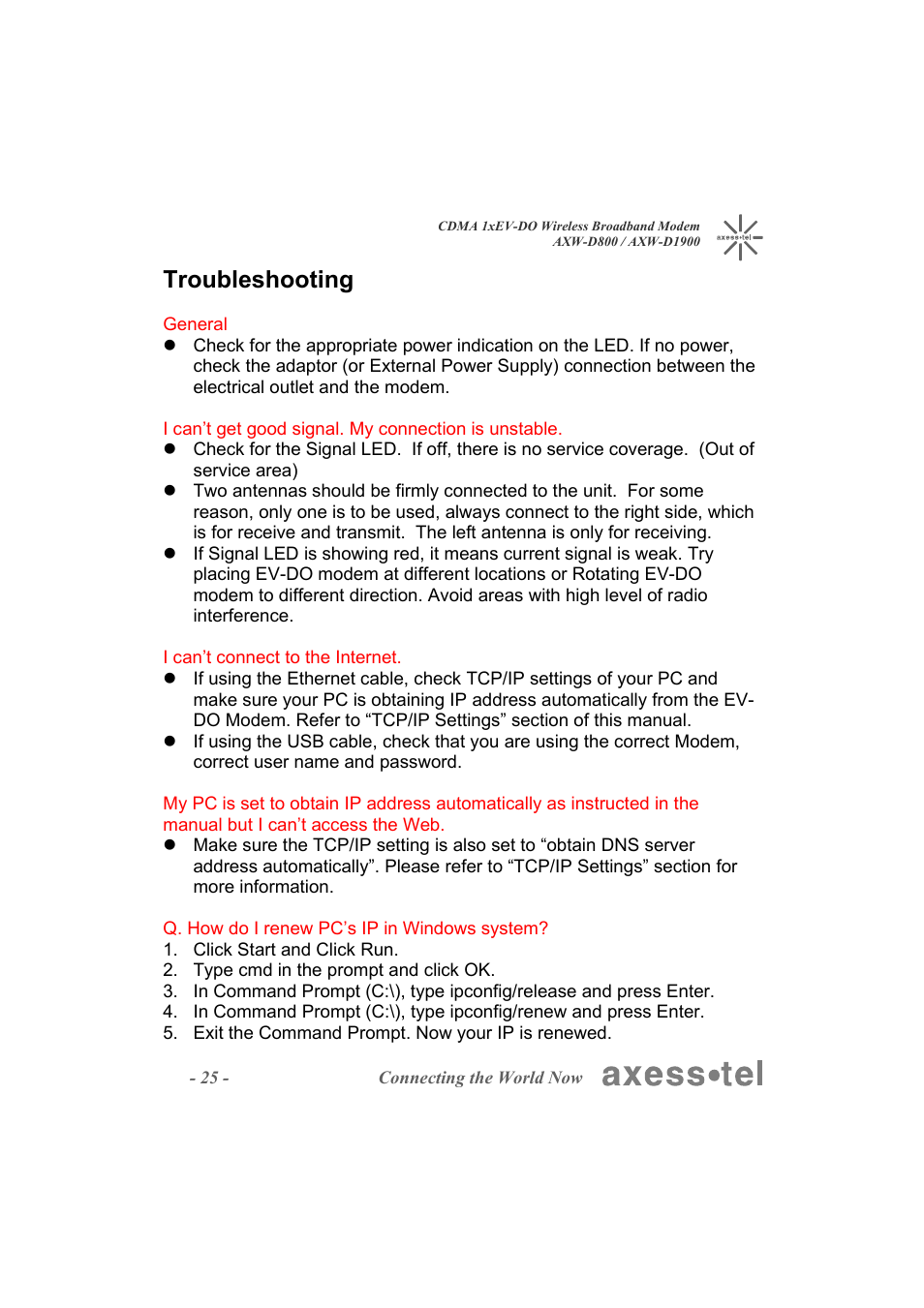 Troubleshooting | Axesstel AXW-D1900 User Manual | Page 25 / 26