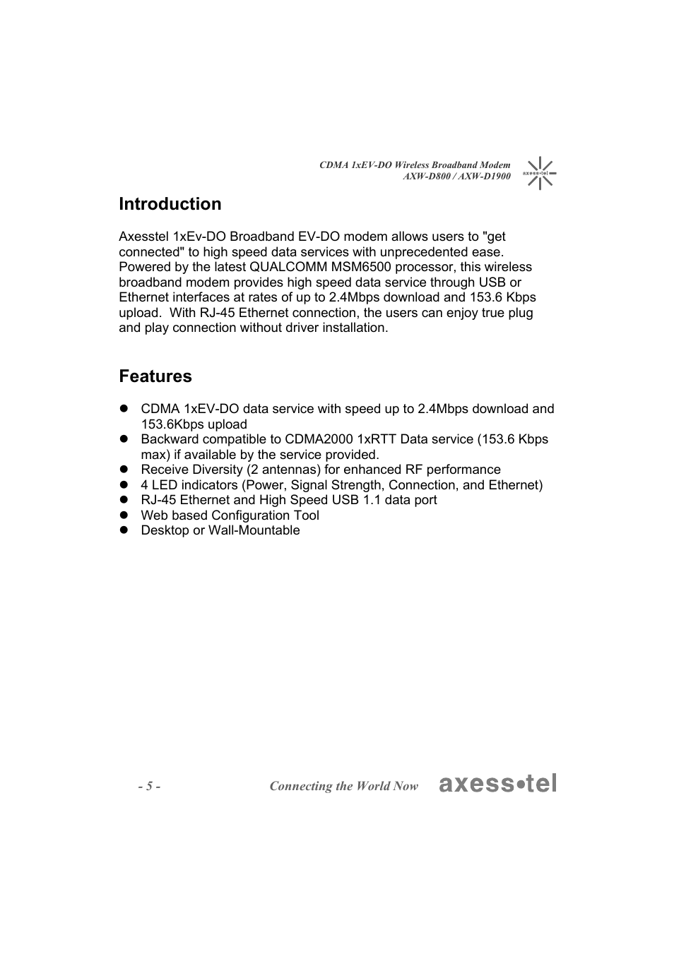Introduction, Features | Axesstel AXW-D1900 User Manual | Page 5 / 26