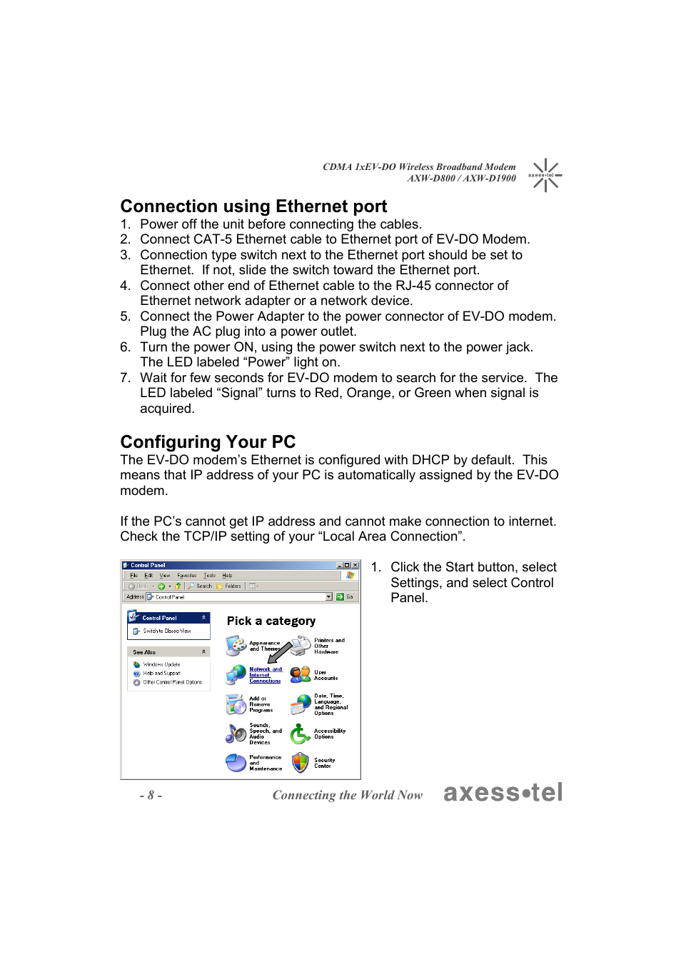 Connection using ethernet port, Configuring your pc | Axesstel AXW-D1900 User Manual | Page 8 / 26