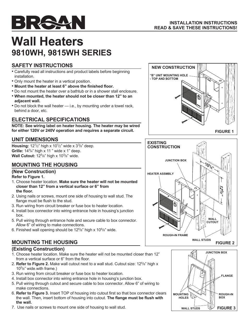 Broan Wall Heaters 9815WH SERIES User Manual | 4 pages