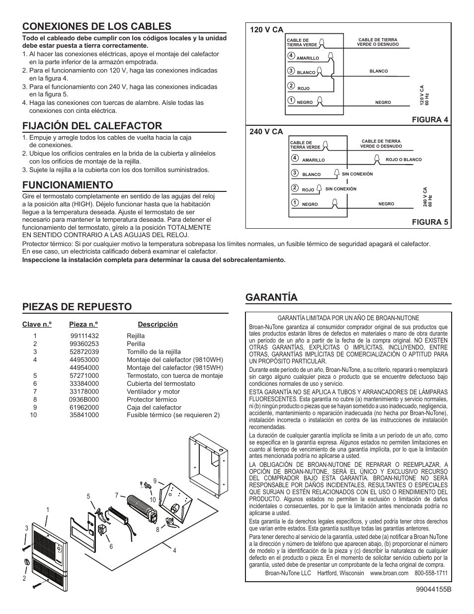 Conexiones de los cables, Fijación del calefactor, Funcionamiento | Piezas de repuesto, Garantía | Broan Wall Heaters 9815WH SERIES User Manual | Page 4 / 4