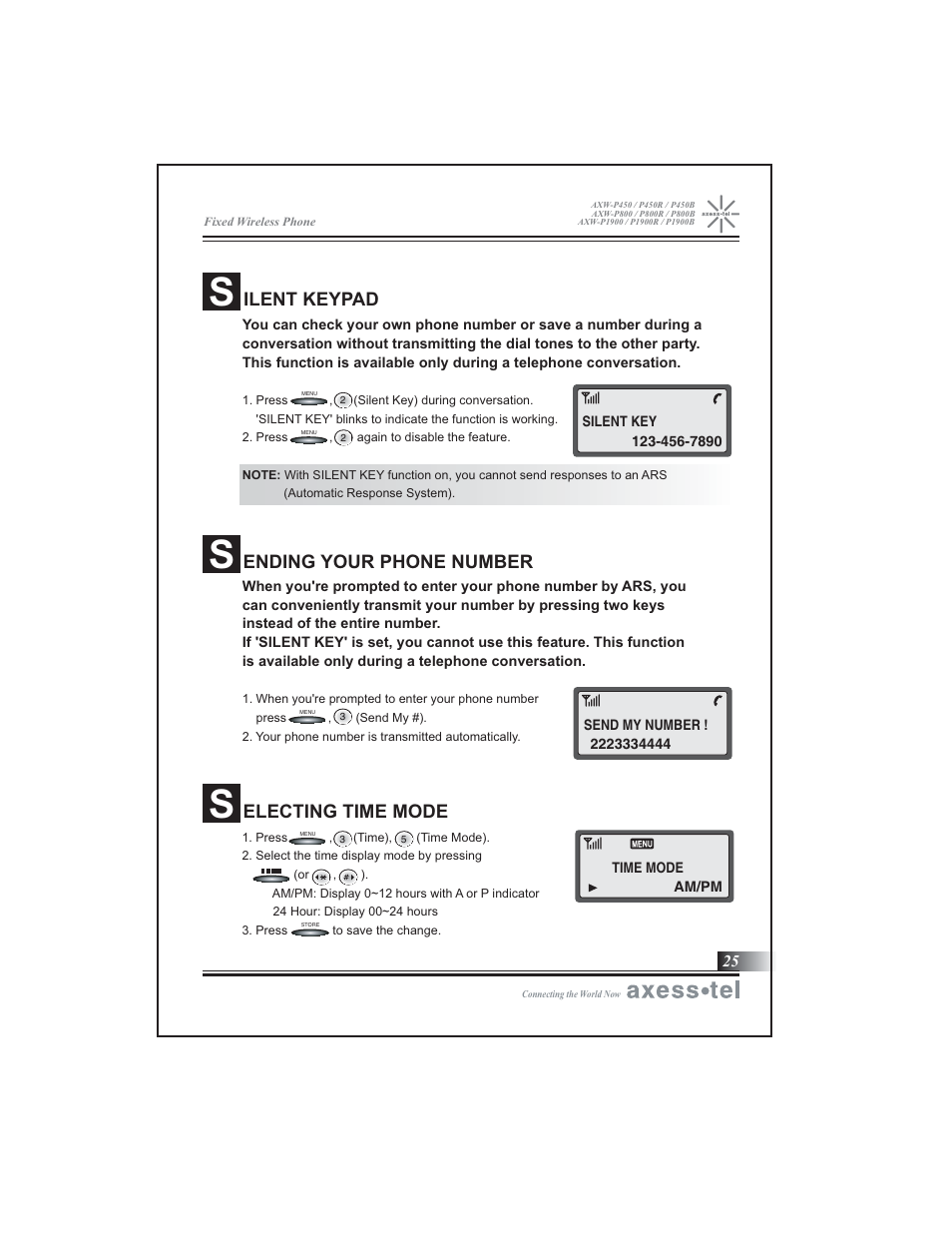 Ilent keypad, Ending your phone number, Electing time mode | Axesstel P1900B User Manual | Page 26 / 43