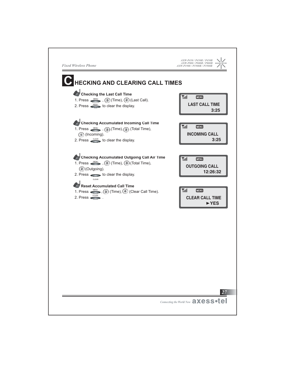 Hecking and clearing call times | Axesstel P1900B User Manual | Page 28 / 43