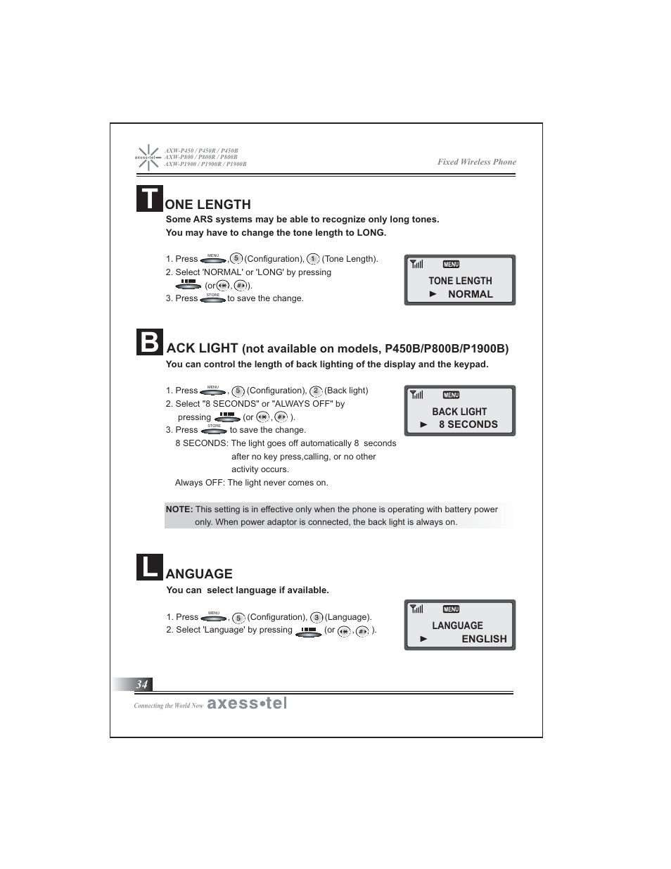 One length, Ack light, Anguage | Axesstel P1900B User Manual | Page 35 / 43