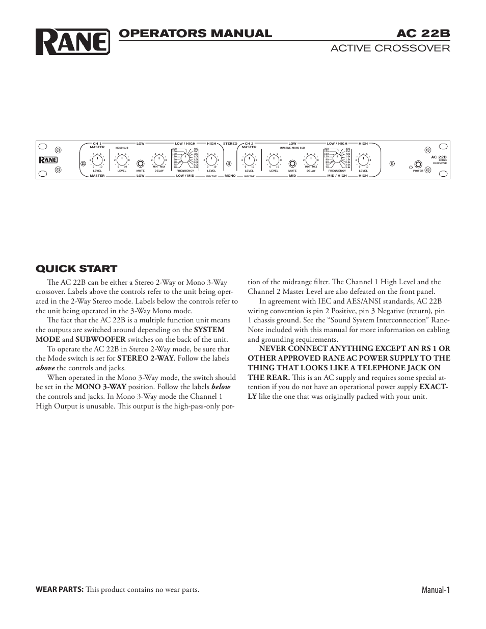 Ac22bman.pdf, Ac 22b, Operators manual | Manual, Active crossover, Quick start, Wear parts: this product contains no wear parts | Rane AC 22B (2003 version) User Manual | Page 3 / 14