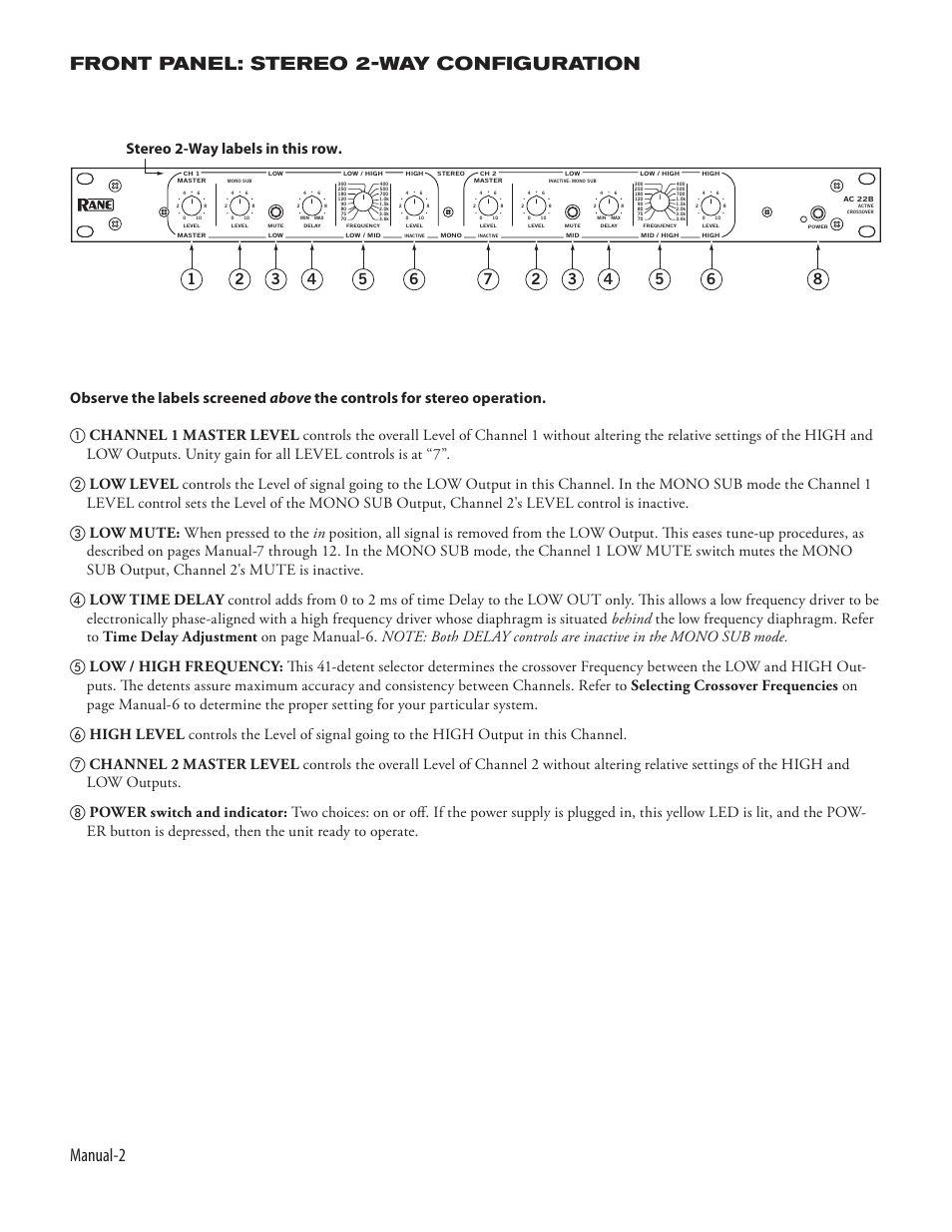 Manual- front panel: stereo 2-way configuration | Rane AC 22B (2003 version) User Manual | Page 4 / 14