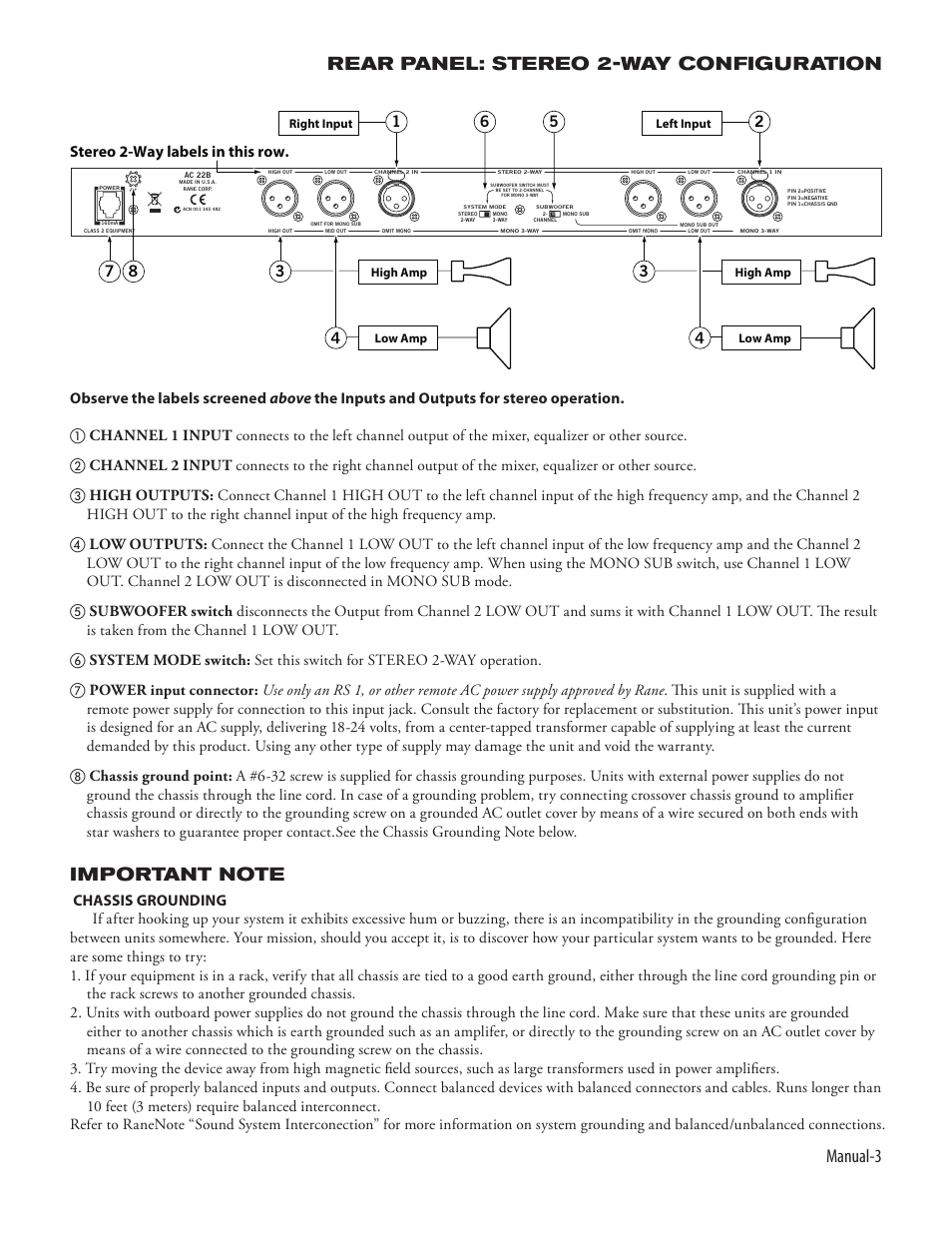 Manual- rear panel: stereo 2-way configuration | Rane AC 22B (2003 version) User Manual | Page 5 / 14
