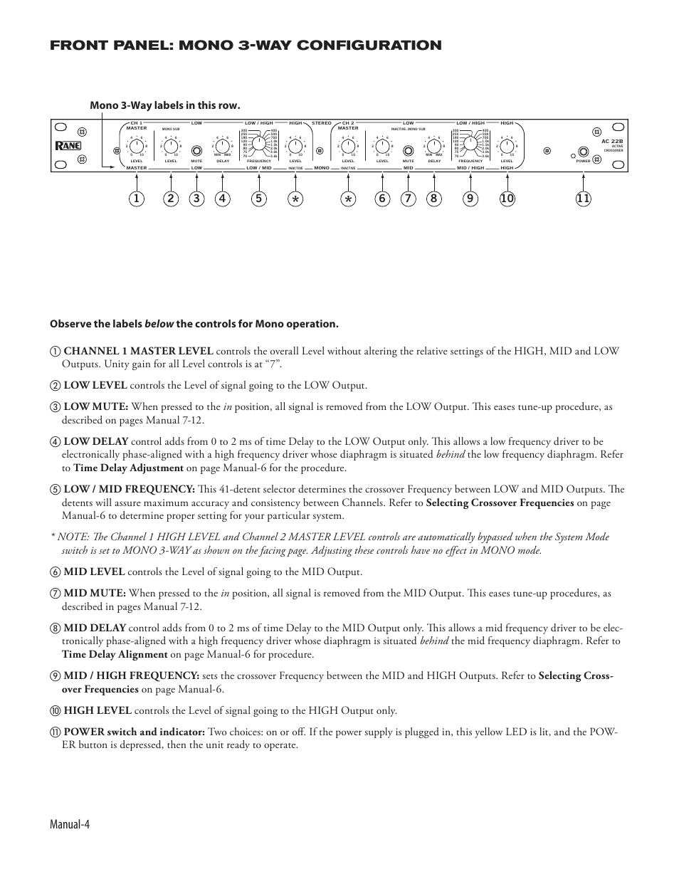 Manual- front panel: mono 3-way configuration | Rane AC 22B (2003 version) User Manual | Page 6 / 14