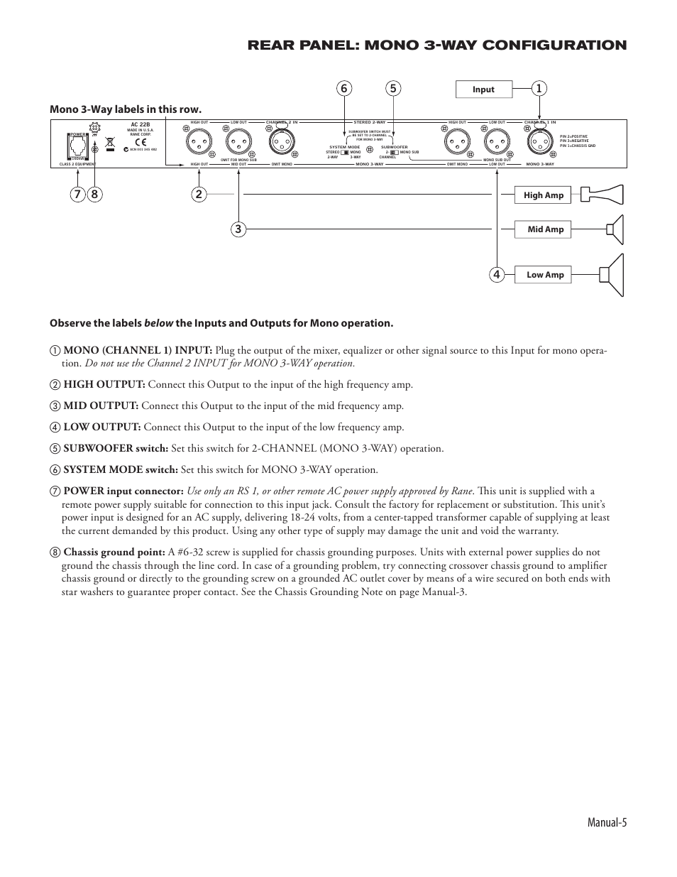 Manual- rear panel: mono 3-way configuration, Mono 3-way labels in this row. 2 7 8 | Rane AC 22B (2003 version) User Manual | Page 7 / 14