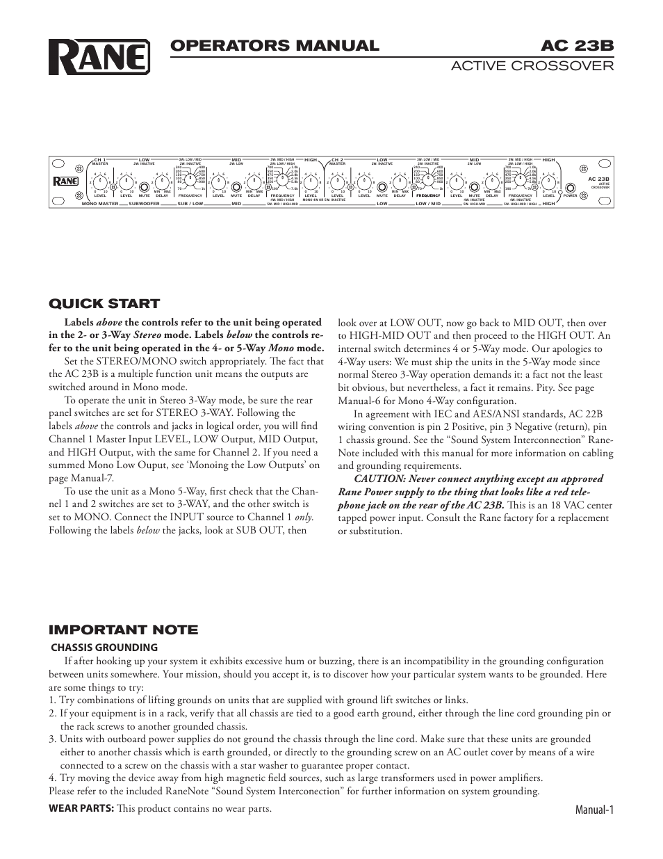 Ac 23b, Operators manual, Manual | Active crossover, Quick start, Wear parts: this product contains no wear parts | Rane AC 23B (2003 version) User Manual | Page 3 / 17