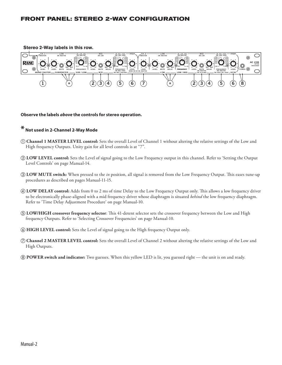 Manual- front panel: stereo 2-way configuration, Stereo 2-way labels in this row | Rane AC 23B (2003 version) User Manual | Page 4 / 17