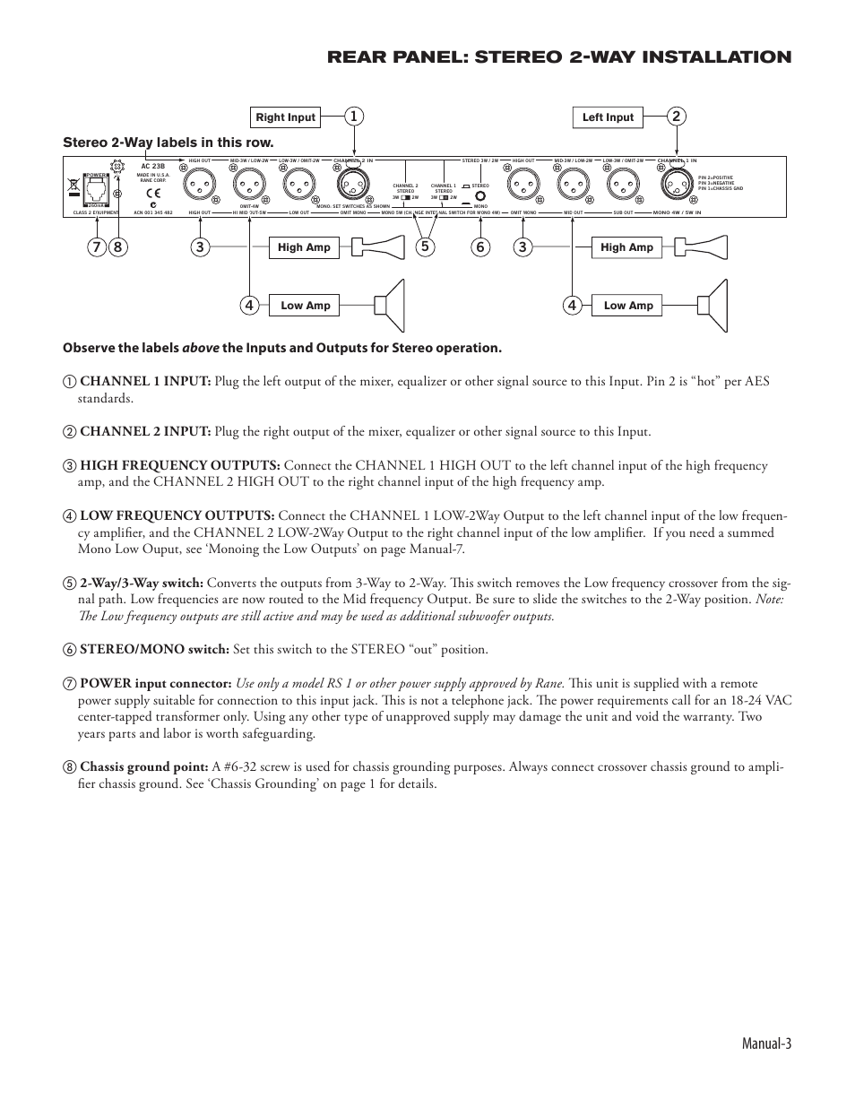 Manual, Rear panel: stereo 2-way installation | Rane AC 23B (2003 version) User Manual | Page 5 / 17