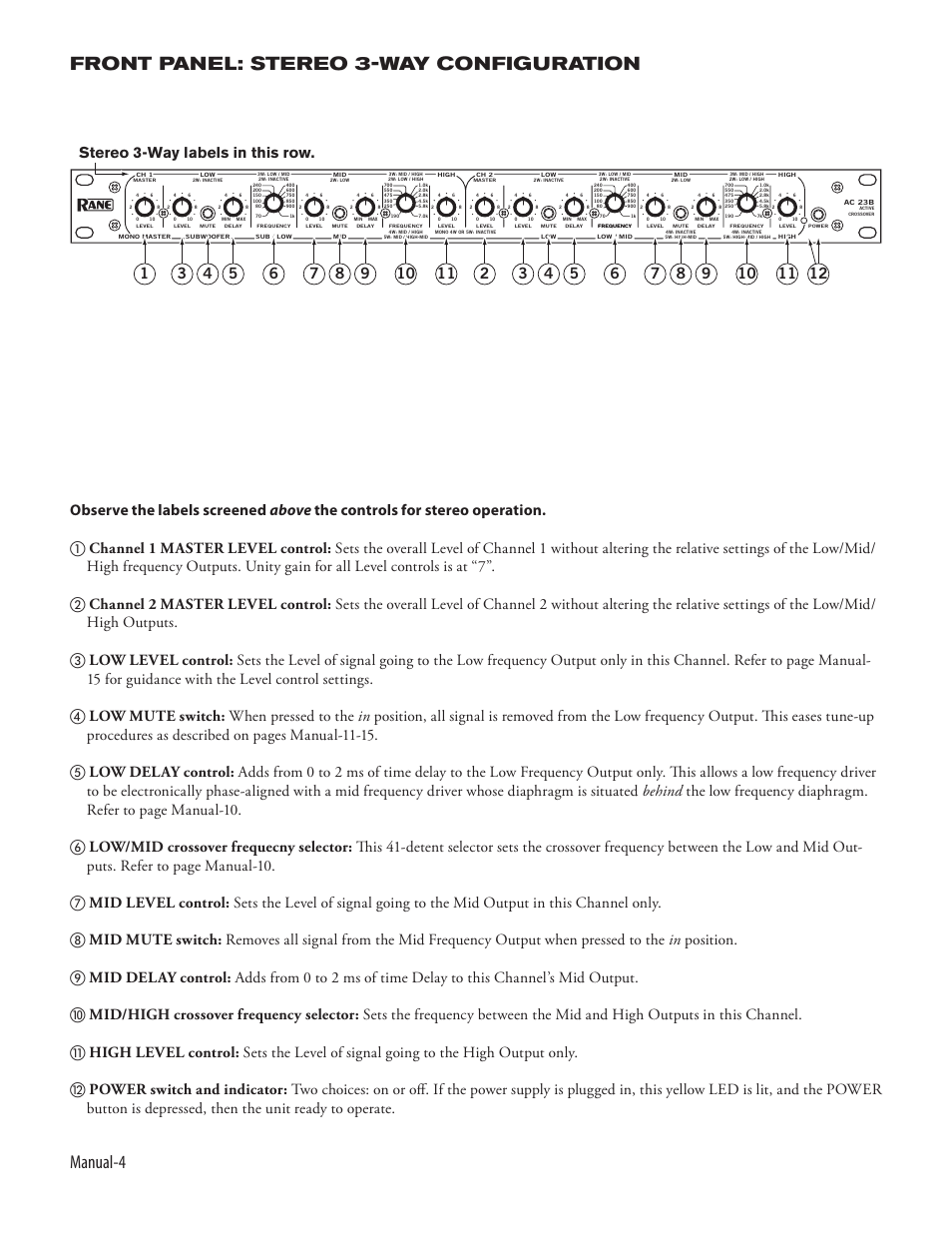 Manual- front panel: stereo 3-way configuration | Rane AC 23B (2003 version) User Manual | Page 6 / 17