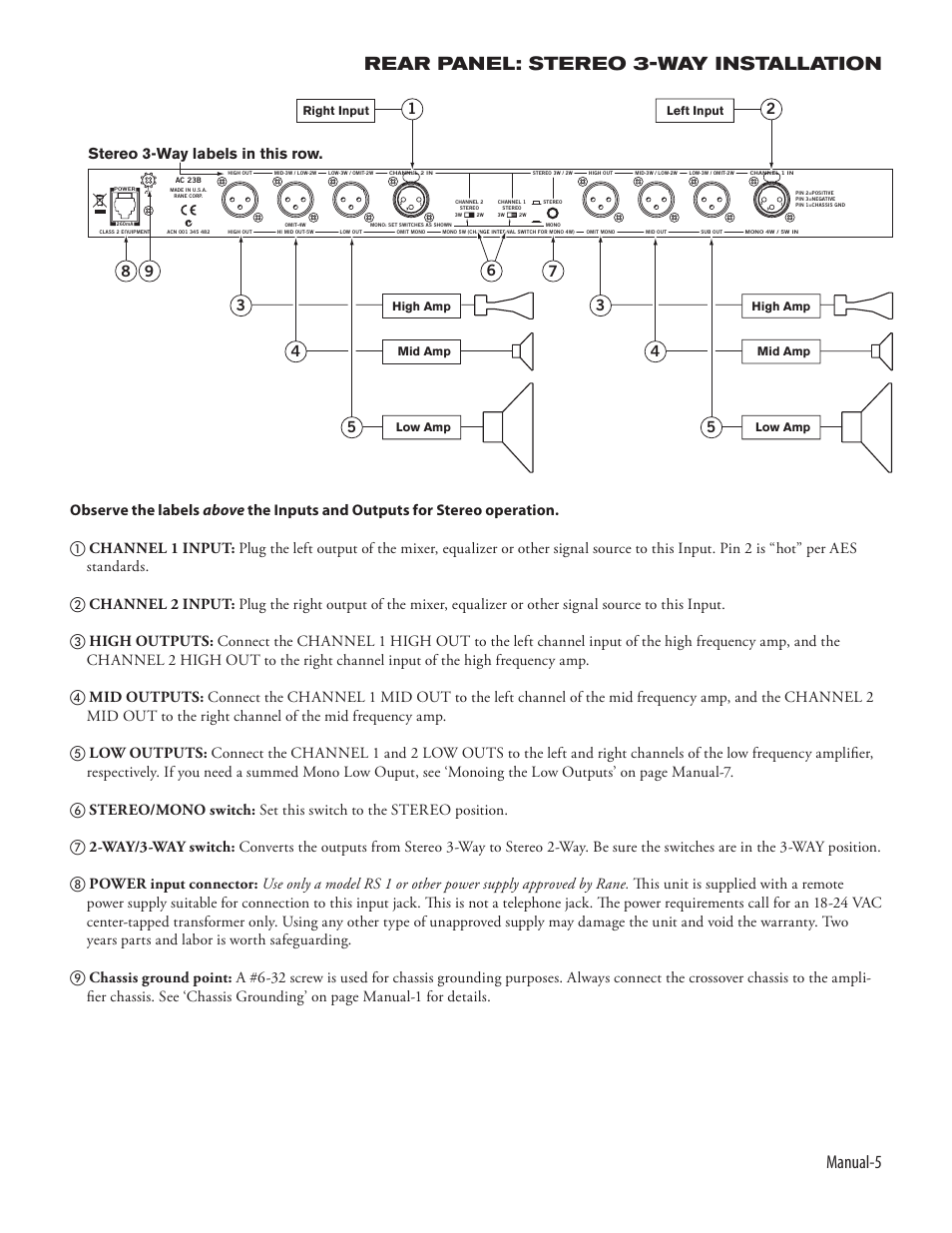 Manual, Rear panel: stereo 3-way installation | Rane AC 23B (2003 version) User Manual | Page 7 / 17