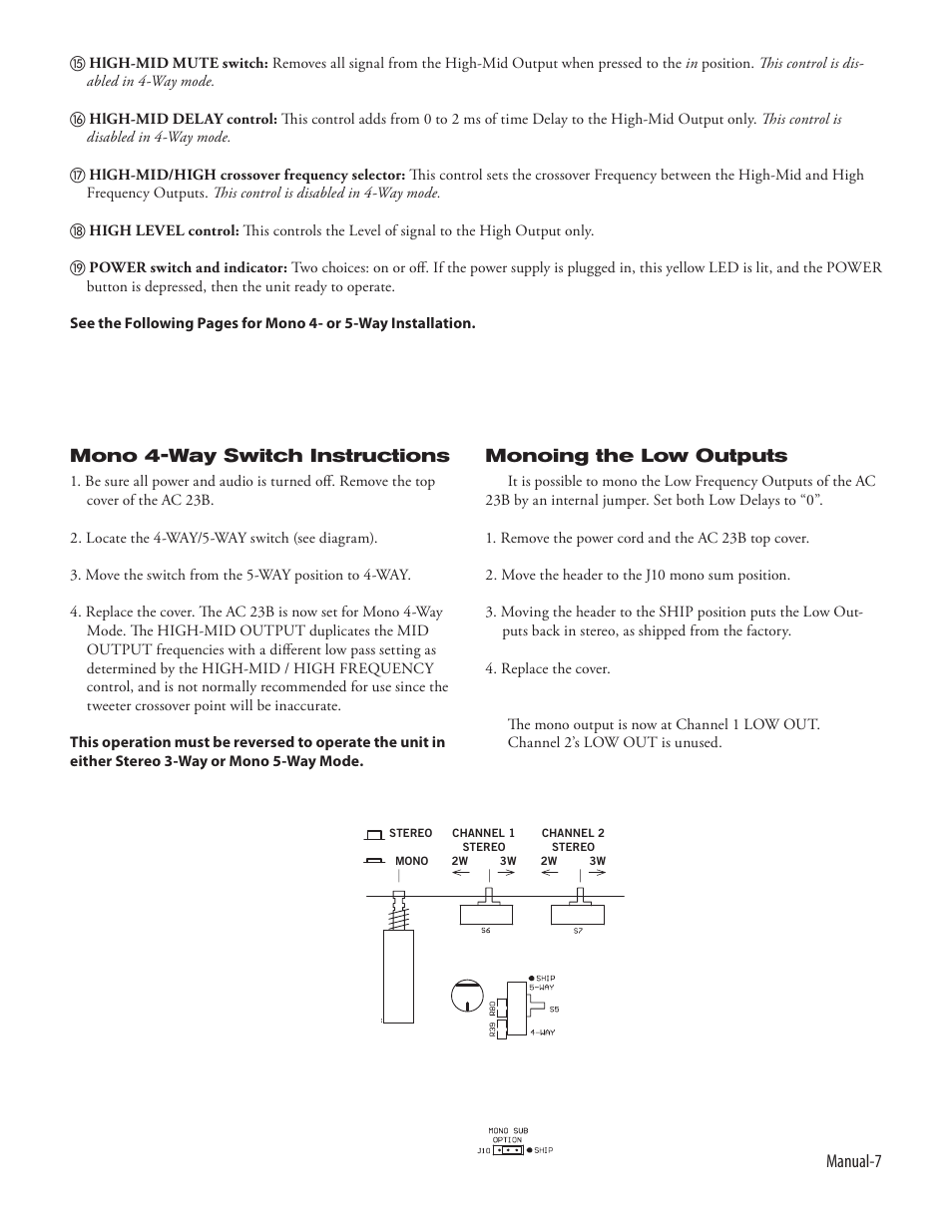 Manual, Mono 4-way switch instructions, Monoing the low outputs | Rane AC 23B (2003 version) User Manual | Page 9 / 17