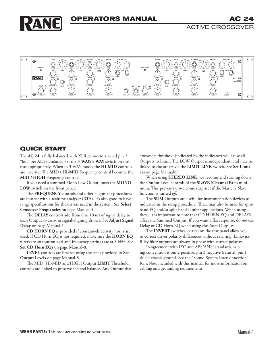 Ac 24, Operators manual, Manual-1 | Active crossover, Quick start, Wear parts: this product contains no wear parts | Rane AC 24 User Manual | Page 3 / 10