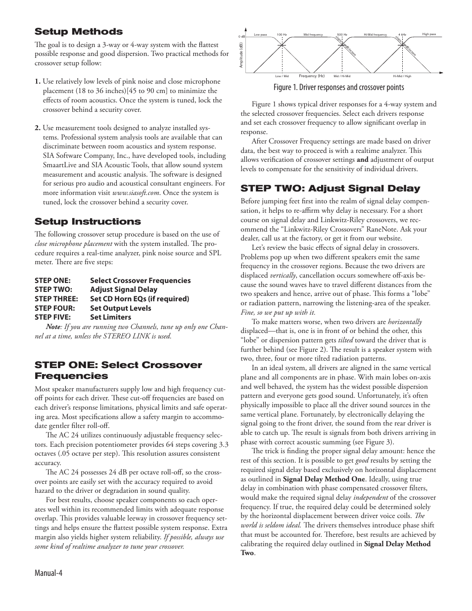 Manual-4 setup methods, Setup instructions, Step one: select crossover frequencies | Step two: adjust signal delay, Figure 1. driver responses and crossover points | Rane AC 24 User Manual | Page 6 / 10