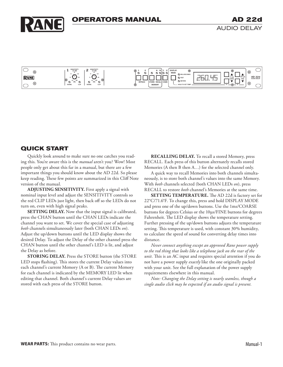 Ad22dman.pdf, Operators manual ad 22d, Manual-1 | Audio delay quick start | Rane AD 22D User Manual | Page 3 / 6