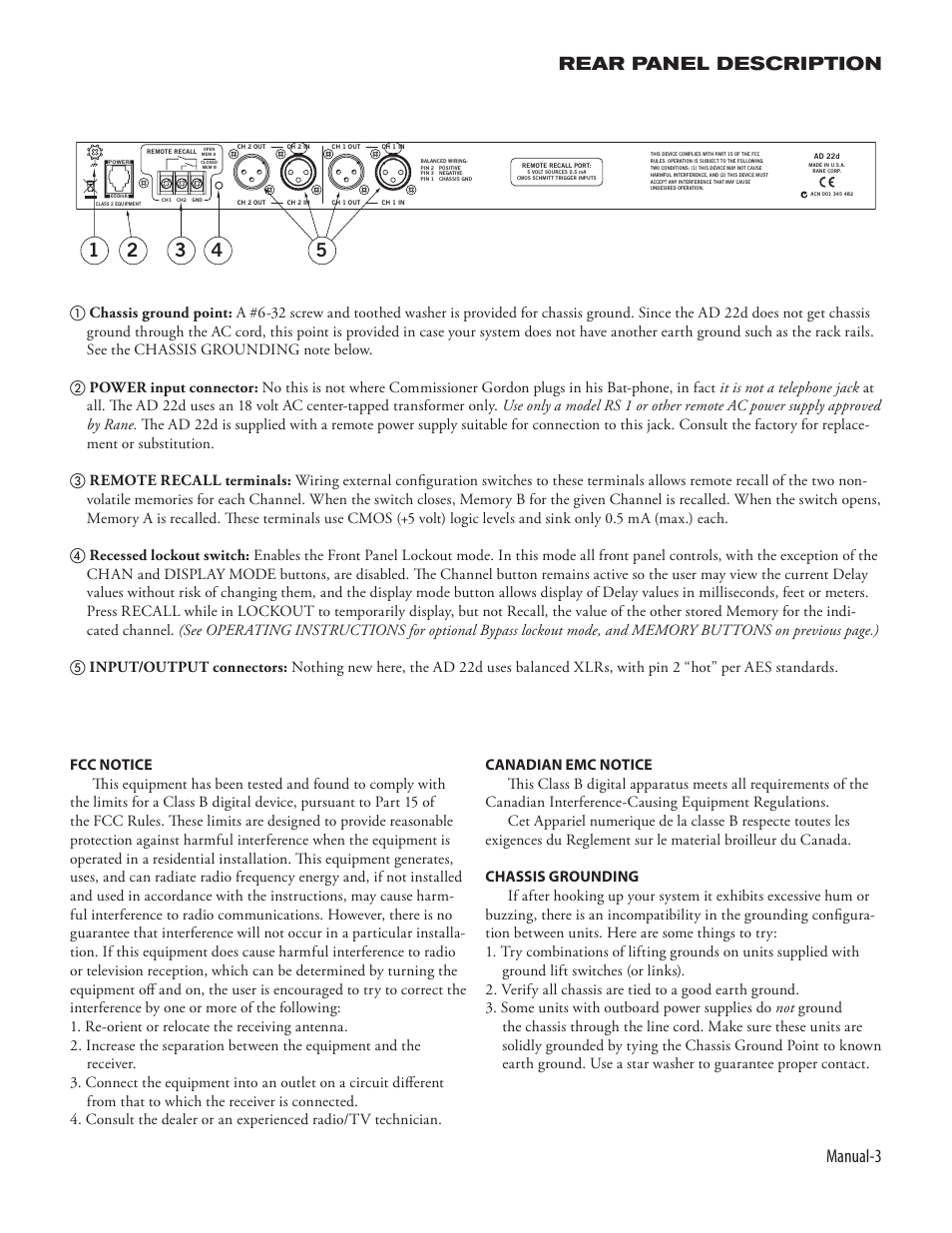 Manual- rear panel description | Rane AD 22D User Manual | Page 5 / 6