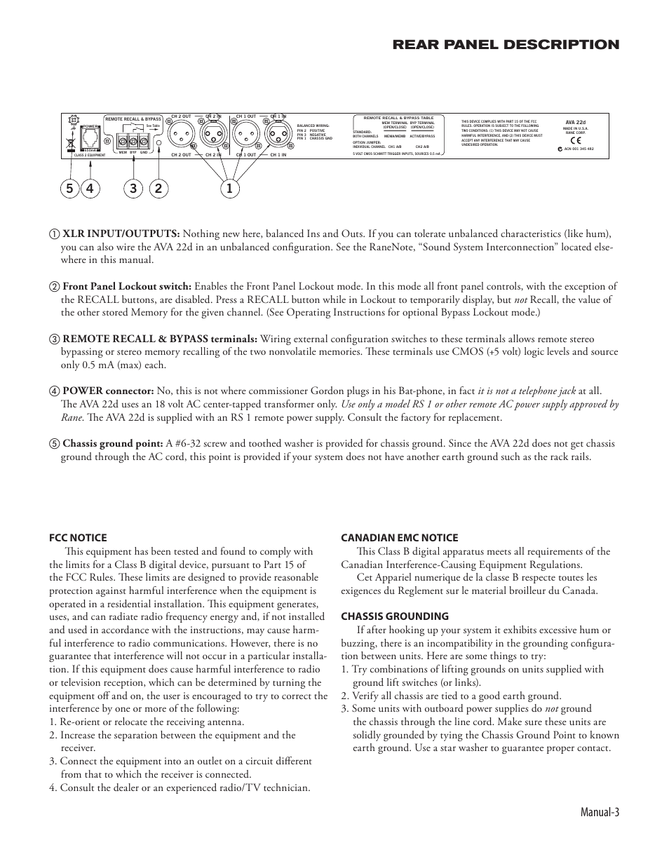 Manual- rear panel description | Rane AVA 22D 2003 version User Manual | Page 5 / 8