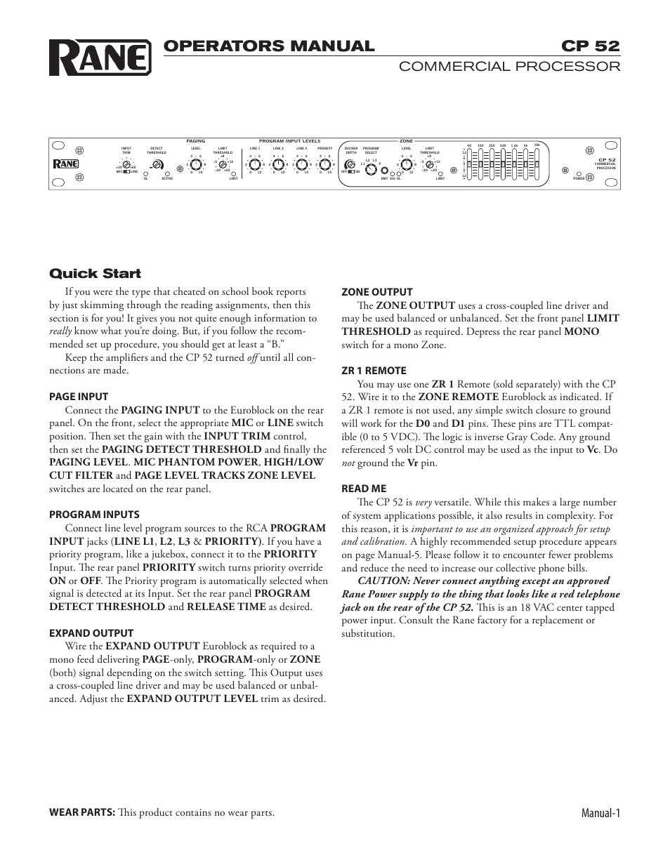 Operators manual cp 52, Manual, Commercial processor quick start | Rane CP 52 2003 version User Manual | Page 3 / 8