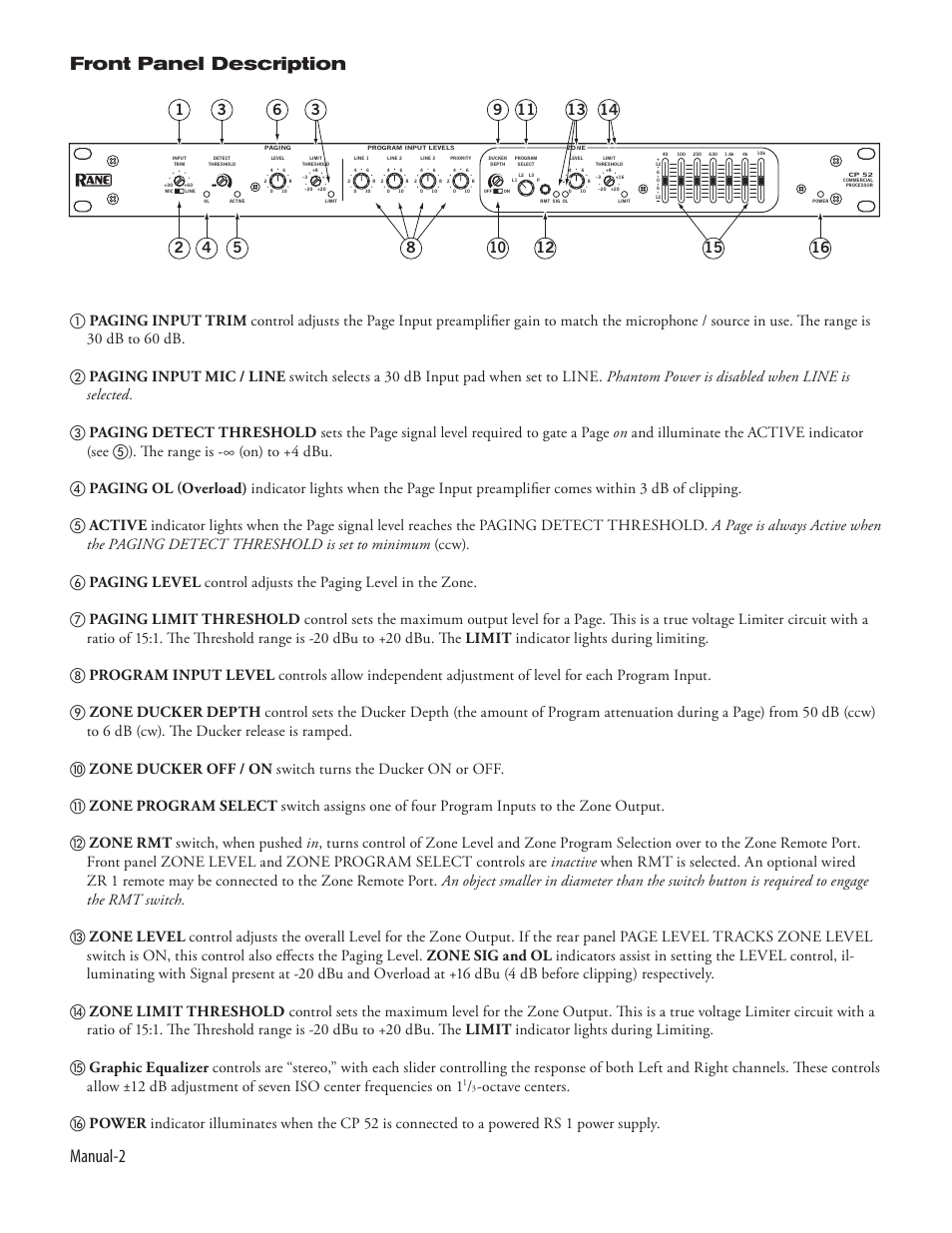 Manual- front panel description | Rane CP 52 2003 version User Manual | Page 4 / 8