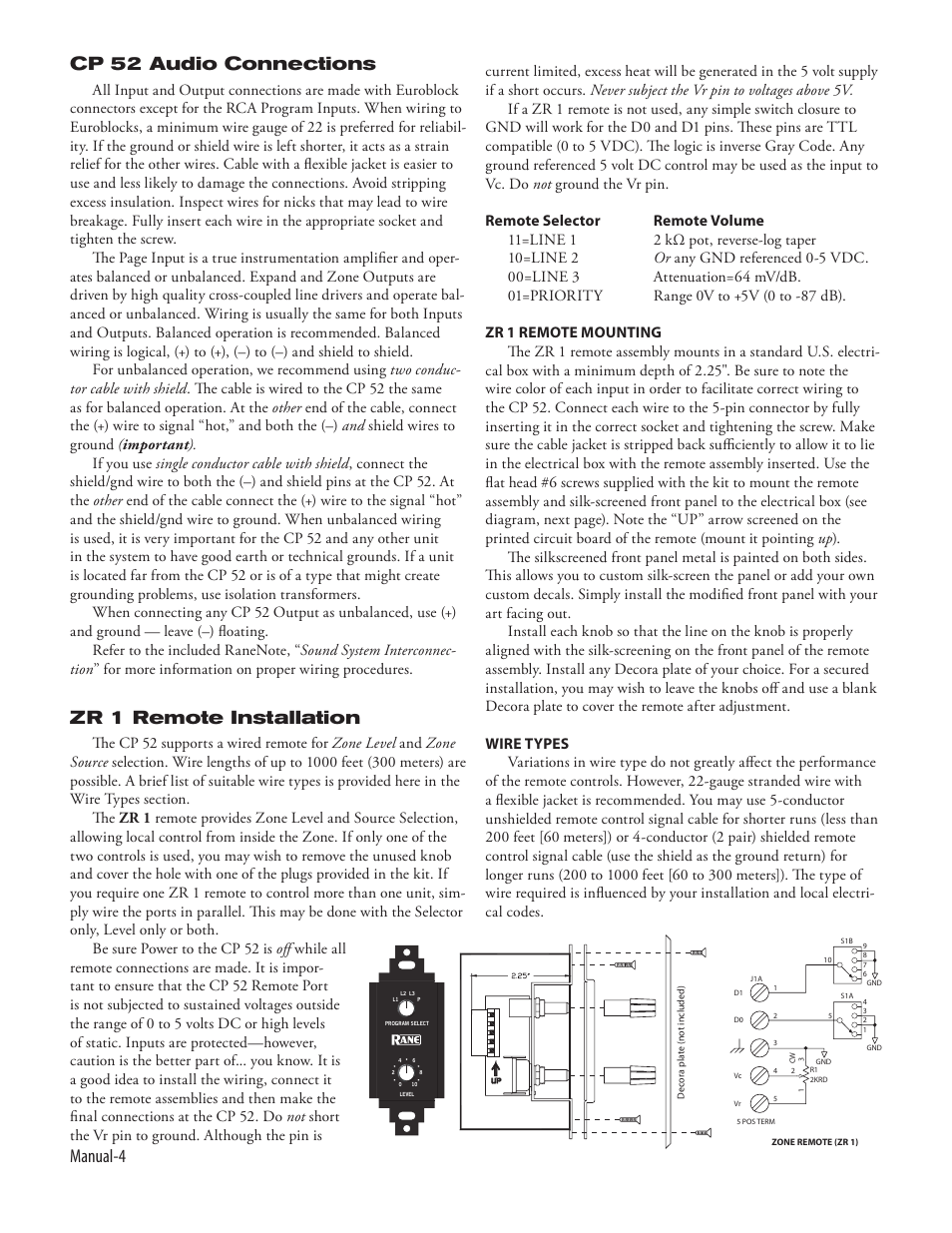 Manual- zr 1 remote installation, Cp 52 audio connections | Rane CP 52 2003 version User Manual | Page 6 / 8