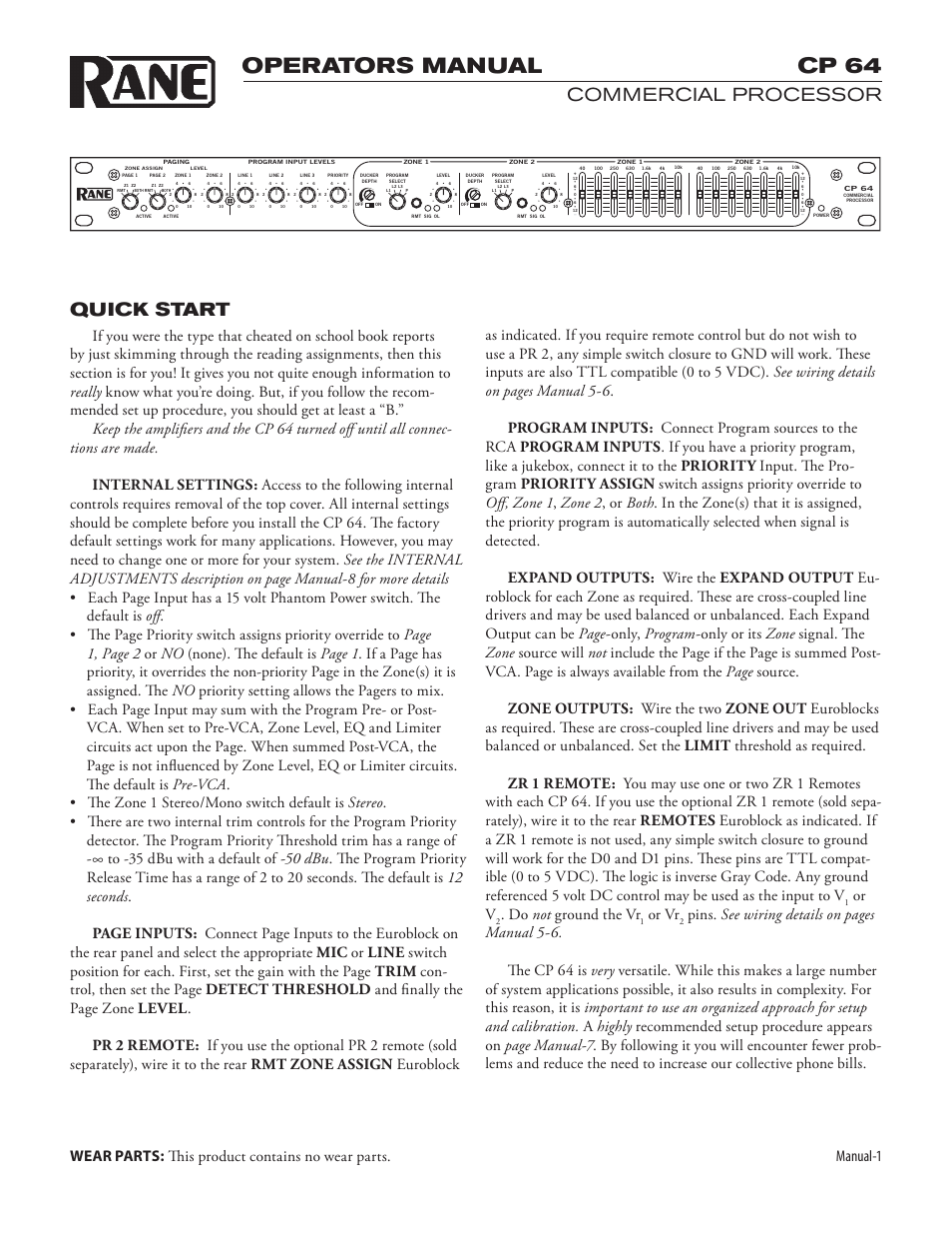 Operators manual cp 64, Commercial processor quick start, Manual-1 | Or v, Do not ground the vr, Or vr | Rane CP 64 (2004-2006 version) User Manual | Page 3 / 10