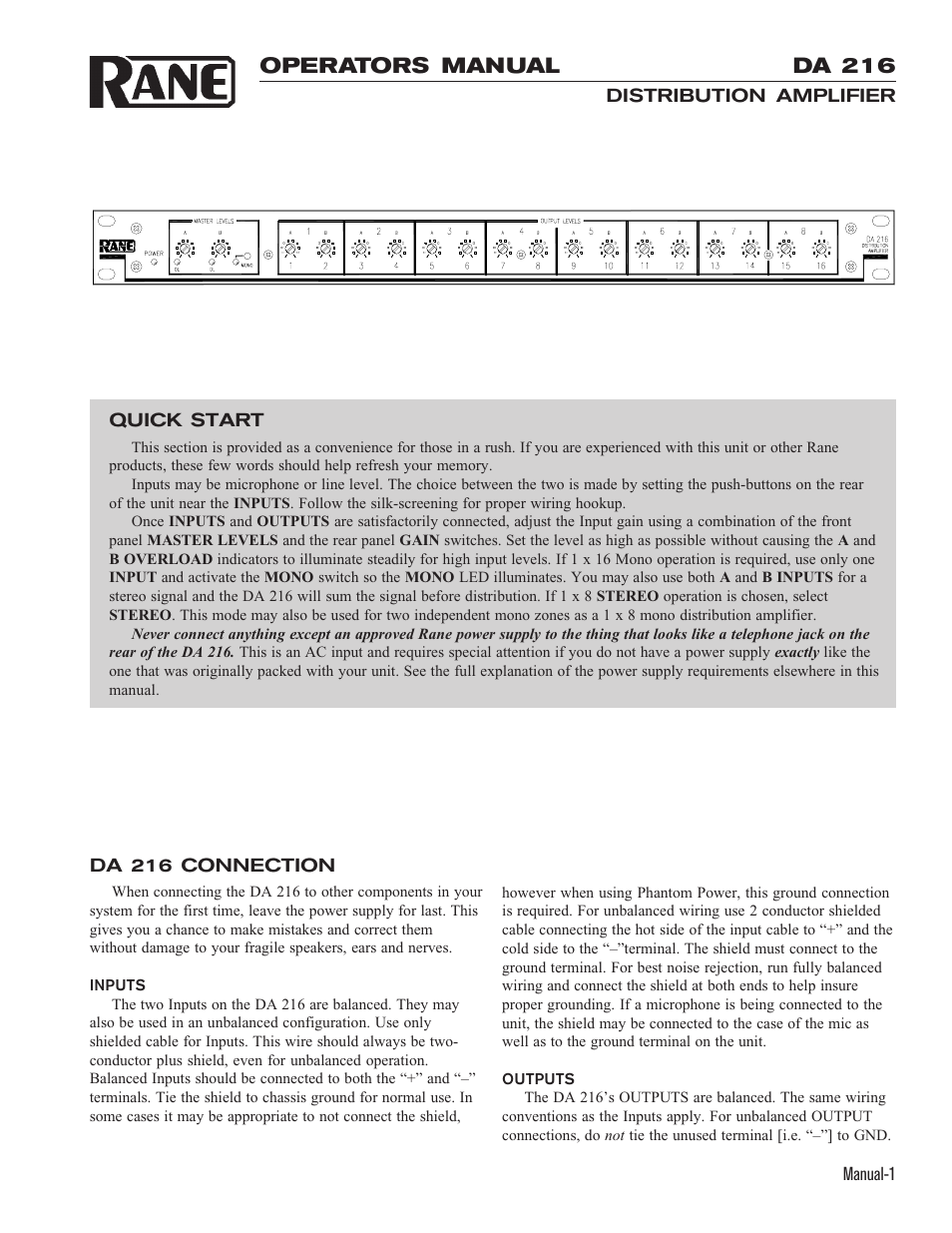 Rane DA 216 (1996 version) User Manual | 4 pages