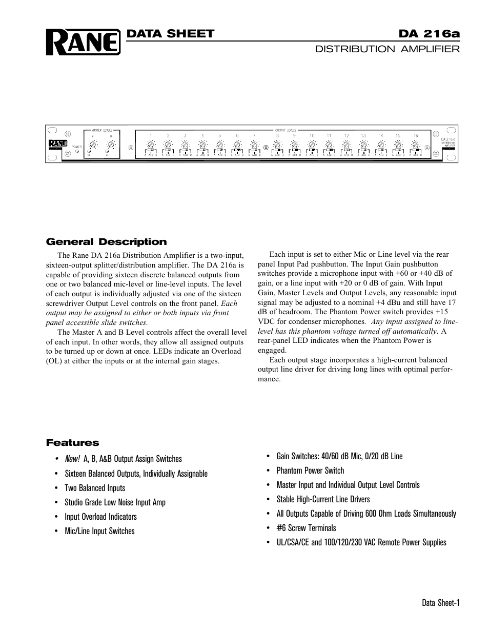 Rane DA 216a (1999 version) User Manual | 4 pages