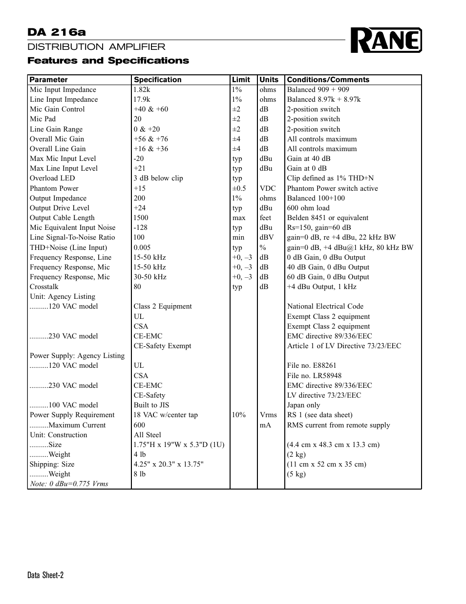 Da 216a | Rane DA 216a (1999 version) User Manual | Page 2 / 4