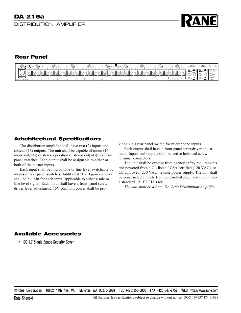Da 216a | Rane DA 216a (1999 version) User Manual | Page 4 / 4