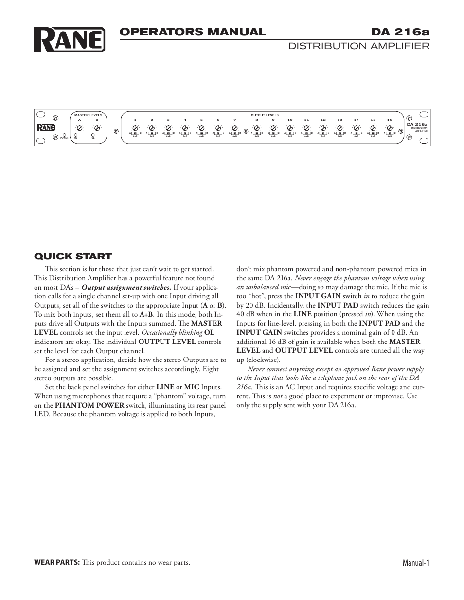 Da 216a, Operators manual, Manual | Distribution amplifier, Quick start | Rane DA 216a (2003 version) User Manual | Page 3 / 6